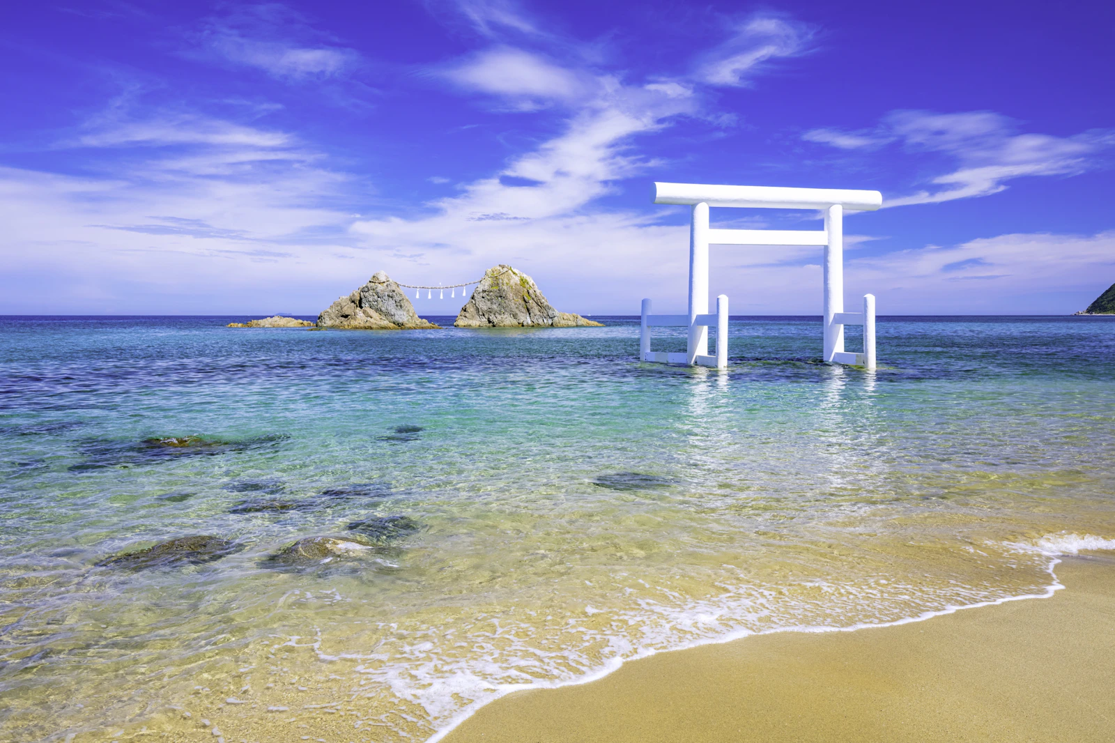 桜井二見ヶ浦の夫婦岩と白い鳥居