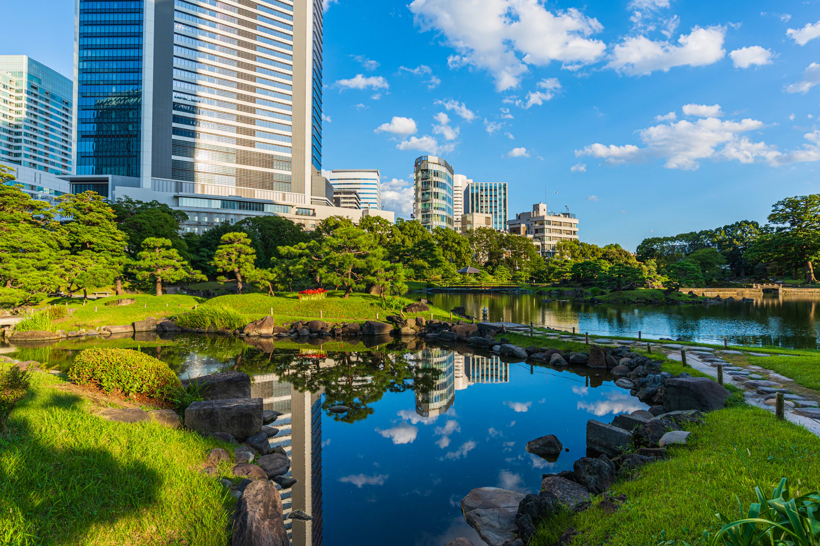 旧芝離宮恩賜庭園の池泉回遊式庭園と高層ビル群
